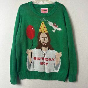 TIPSY ELVES Men’s Size X Large Ugly Christmas Sweater JESUS BIRTHDAY BOY Green